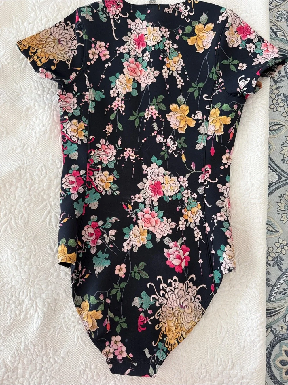Johnny Was Black Floral Zip-Front neoprene wetsuit  with Pink & Yellow Accents